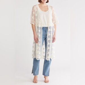 Liv Los Angeles White Floral Embroidered Mesh Duster Midi Vest Kimono